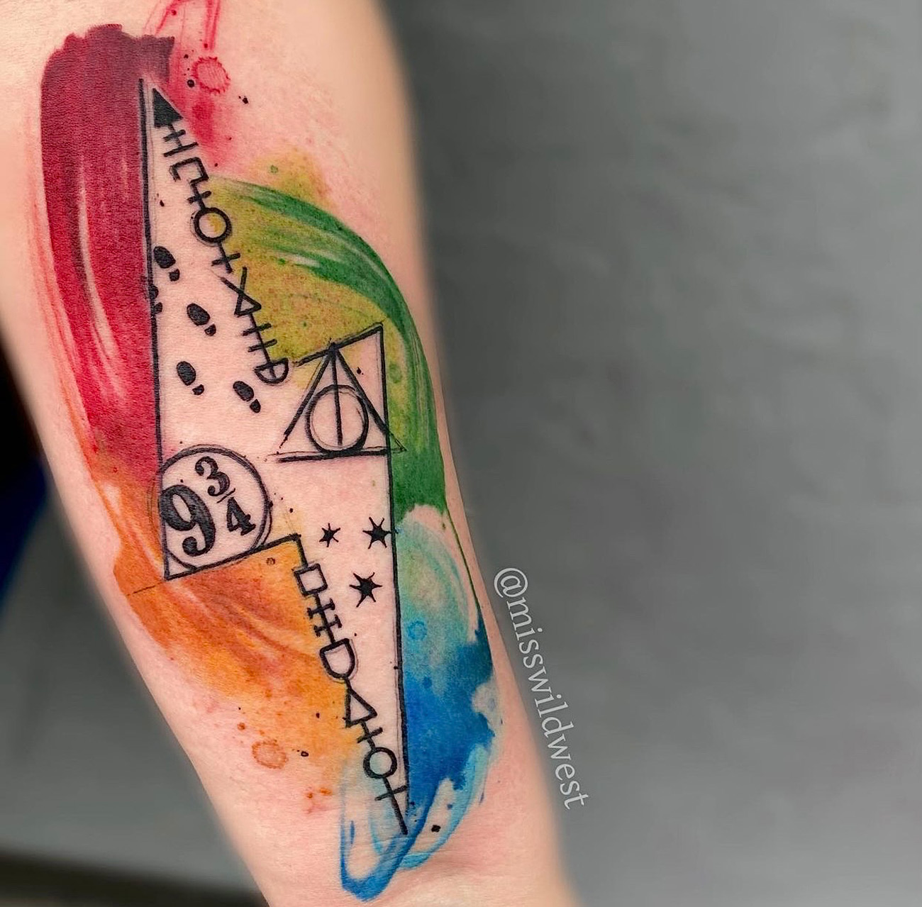 Watercolor, Harry Potter, Lettering and Script, Linework, Color tattoo by